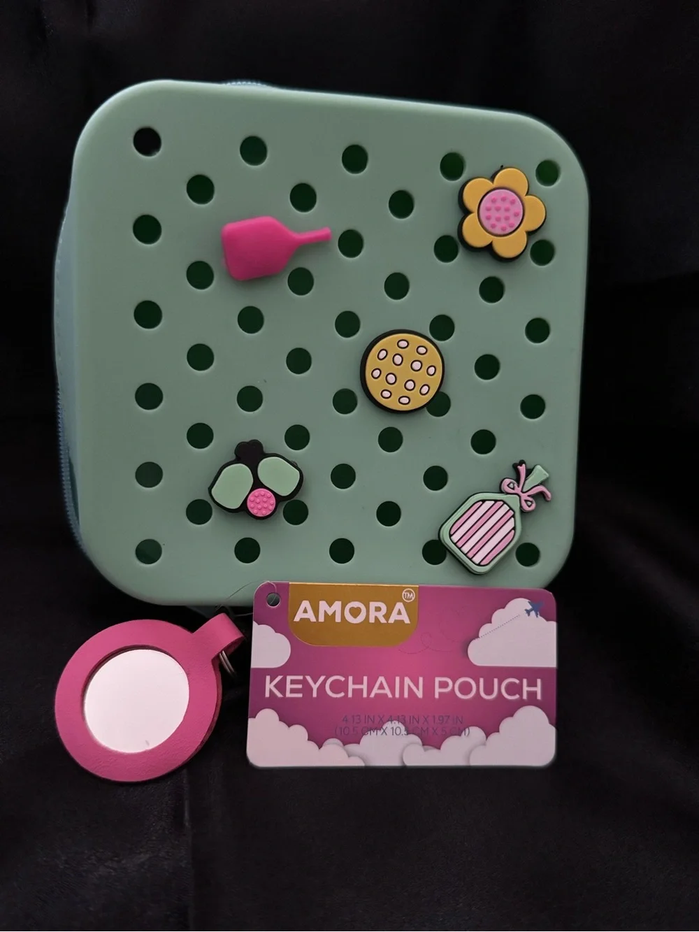 Mint Green Silicone Keychain Pouch with Cute Charm Pins